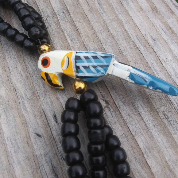 Vintage Hand Painted Wood Parrot Beaded Necklace  Fun Playful Boho Tropical - Picture 7 of 16